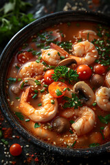 Wall Mural - Savory Shrimp Soup with Fresh Herbs and Spices