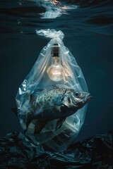 Poster - Image of a fish swimming in a plastic bag floating in the water, possibly abandoned or discarded