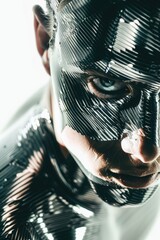 Poster - A close-up shot of a person wearing a black mask, perfect for use in scenes where identity is hidden or mysterious