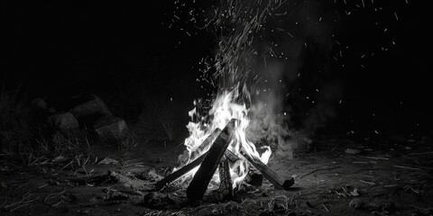 Aufkleber - A black and white photo of a campfire with flames and smoke, often used for outdoor adventure or wilderness themes