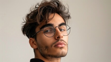 Poster - A person wearing glasses and a black shirt, suitable for use in educational or professional settings