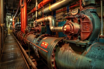 Poster - Industrial equipment room with various pipes and valves