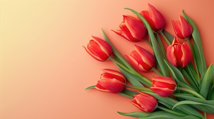 Red tulip bouquet on soft colored backdrop Concept for Mother s Day Valentine s Day or birthday celebration Greeting card with space for text viewed from above