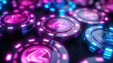Poster - Close-up photo of a stack of colorful casino chips, perfect for use in financial or entertainment-themed designs