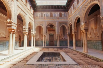 Poster - A tranquil courtyard with a pool and columns, suitable for use as a background or design element