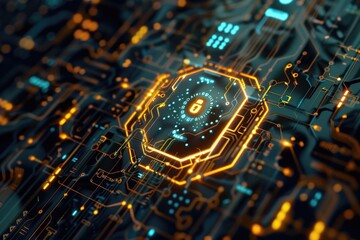 Aufkleber - A close-up shot of a circuit board featuring the Bitcoin logo