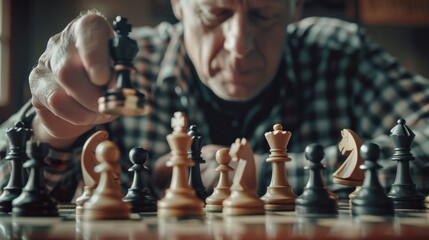 Poster - A person sitting at a chessboard with pieces in play, advising for use in articles about games, hobbies or intellectual pursuits
