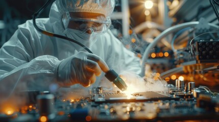 Poster - A person wearing a lab coat works on assembling and testing electronic components