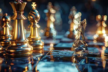 Poster - A close-up shot of a chessboard with multiple pieces placed strategically