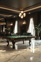 Poster - A pool table situated in a room with a chandelier, providing warm lighting