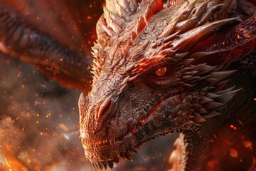 Aufkleber - A close-up shot of a dragon on a fiery background, ideal for fantasy or mythological themed projects