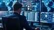 © ryker - a high-tech cybersecurity operations center, buzzing with intense activity and a sense of urgency. The scene showcases a room filled with rows of computer monitors, displaying intricate network
