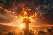 © Olsek - Fiery explosion mushroom cloud in dramatic sky. Stylized artwork with intense colors. Ideal for backgrounds and conceptual visualization of power or destruction. Digital artwork Generative AI
