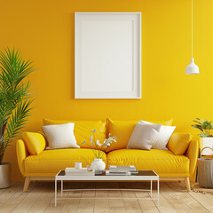 Wall Mural - A vibrant living space with a sunny yellow sofa and a pristine white frame adorning the wall, exuding warmth and cheerfulness.