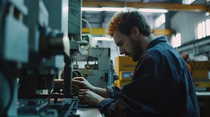 Poster - A person working on a machine in a factory or industrial environment, possibly with blue collar work or manufacturing processes