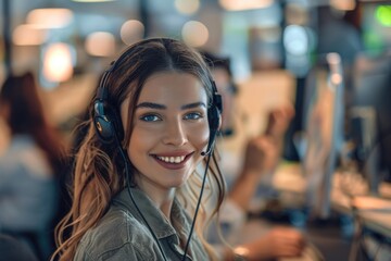 Aufkleber - Woman working on phone at call center desk