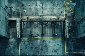 Poster - An overhead view of parking lot stairs, useful for illustrations on urban infrastructure, city planning or architecture concepts