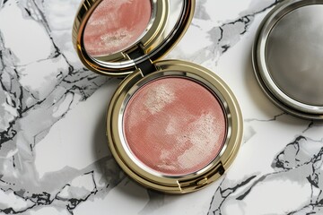 Poster - A close-up of a gold compact case with a pink blush inside, sitting on a marble surface. Generative AI
