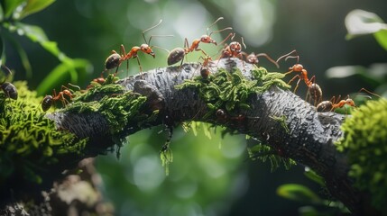 Aufkleber - A group of ants walking across a moss-covered branch