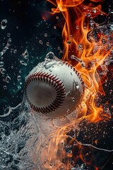 Wall Mural - A baseball floats on the surface of calm water surrounded by flames, creating a dramatic scene