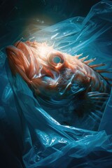 Poster - A detailed view of a fish trapped inside a plastic bag, often used to represent pollution or conservation concerns