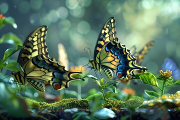 Poster - A pair of butterflies perched on a green plant, with intricate details and natural colors