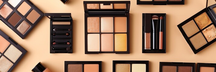 Aufkleber - A flat lay of various contouring palettes and highlighters on a light background, showcasing rich colors and an organized display. Generative AI