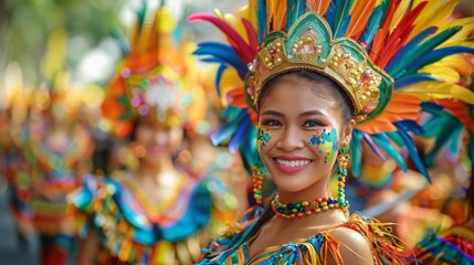 Cultural Street Parade: a colorful cultural street parade with traditional costumes, vibrant floats, and joyful participants, ideal for cultural events and diversity celebrations.