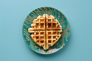 Wall Mural - a waffle sitting on a plate made out of computer circuitry with a light blue background