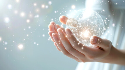 Poster - A hand holding a glowing wireframe globe with sparkles on a soft blue background, symbolizing global connectivity. Generative AI