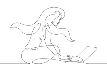 Poster - young woman sits with laptop. communication and work on the internet. the girl communicates using a 