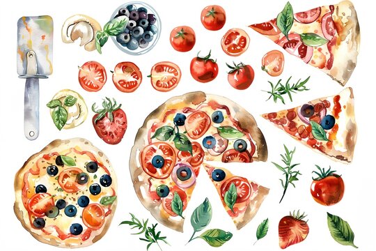 watercolor set of pizza with toppings on it on white background