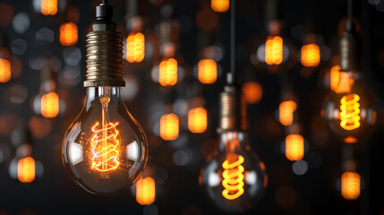 Poster - Multiple glowing light bulbs on a blurred background, illustrating a concept of ideas or innovation. Generative AI