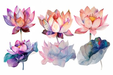 Wall Mural - collection watercolor lotus flowers on white background
