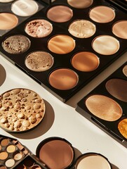 Aufkleber - A close-up shot of various contouring palettes and highlighters arranged on a light surface, showcasing rich colors and a sense of elegance. Generative AI