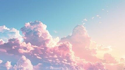 Wall Mural - White fluffy clouds against a pastel blue sky adorned with gentle sunlight A serene natural scene of soft clouds in the sky