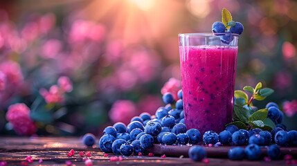 Wall Mural - Fresh tasty blueberry juice in a glass on a wooden table beside the blueberry