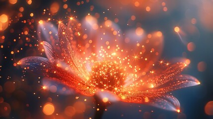 Poster - Digitally rendered flower with intricate glowing particles and light effects on a bokeh background