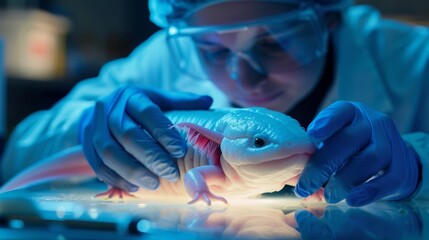 Scientist using advanced microscope and lab equipment to study the DNA and genetic makeup of a rare and fascinating axolotl amphibian specimen in a high-tech research laboratory setting. The