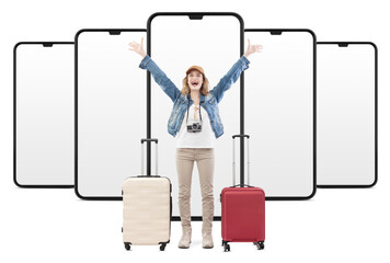 Wall Mural - happy young woman tourist traveling with a trolley suitcase, arms raised in joy. isolated on white background with smartphone screen. Concept of summer holiday, online booking, or travel influencer