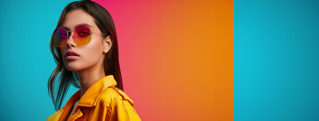 Wall Mural - A woman in a yellow jacket stands in front of a colorful background. The background is a mix of orange and blue, creating a vibrant and energetic atmosphere. beautiful young stylish woman