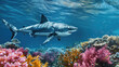 © Abu - Magnificent A predator great white shark swimming in the ocean coral reef shallows just below