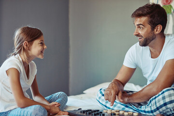 Sticker - Playing, kid and father with checkers in home for teaching, strategy and learning for childhood development. Bedroom, dad and daughter with board game for competition, problem solving and bonding