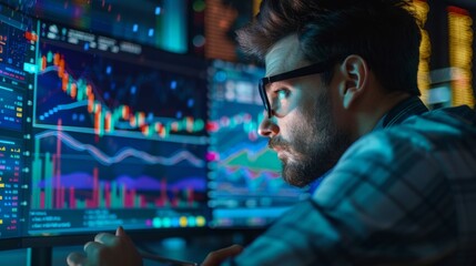Poster - A man wearing glasses is focused on the computer screen in front of him.