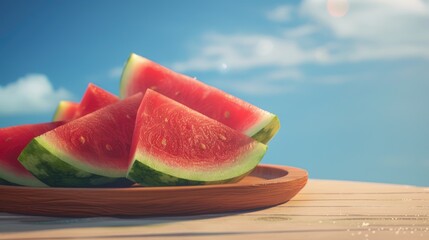 Wall Mural - Watermelon slices representing the essence of summer Ripe red and sweet watermelon on a wooden plate A wholesome and juicy treat suitable for a diet vegan or vegetarian lifestyle Set agains