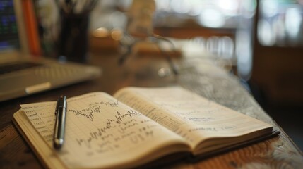 Poster - A notebook with a pen resting on top placed beside an open laptop on a desk.