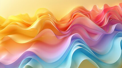 Canvas Print - Gentle pastel yellow backdrop with a 3D abstract featuring vivid rainbow geometric waves, ideal for a cheerful and dynamic visual impact