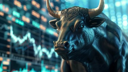 Poster - A statue of a bull stands prominently in front of a bustling stock market, symbolizing optimism and strength in the financial world.