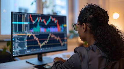 Poster - A woman sitting at a desk, focused on a computer monitor in front of her.