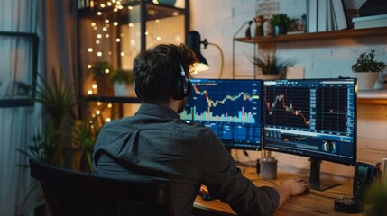 Poster - A man is seated at a desk, working on a computer.